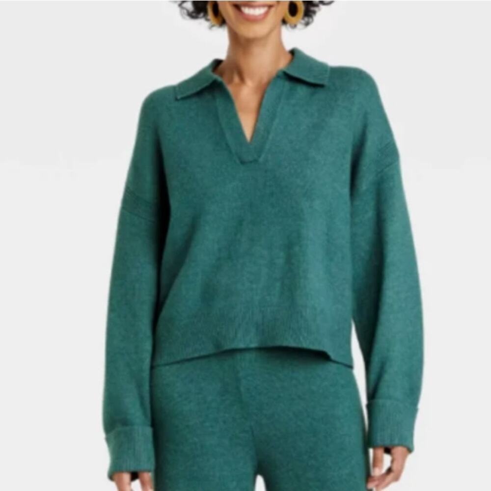 A New Day Women's Collared split neck Pullover Teal Sweater womens size large